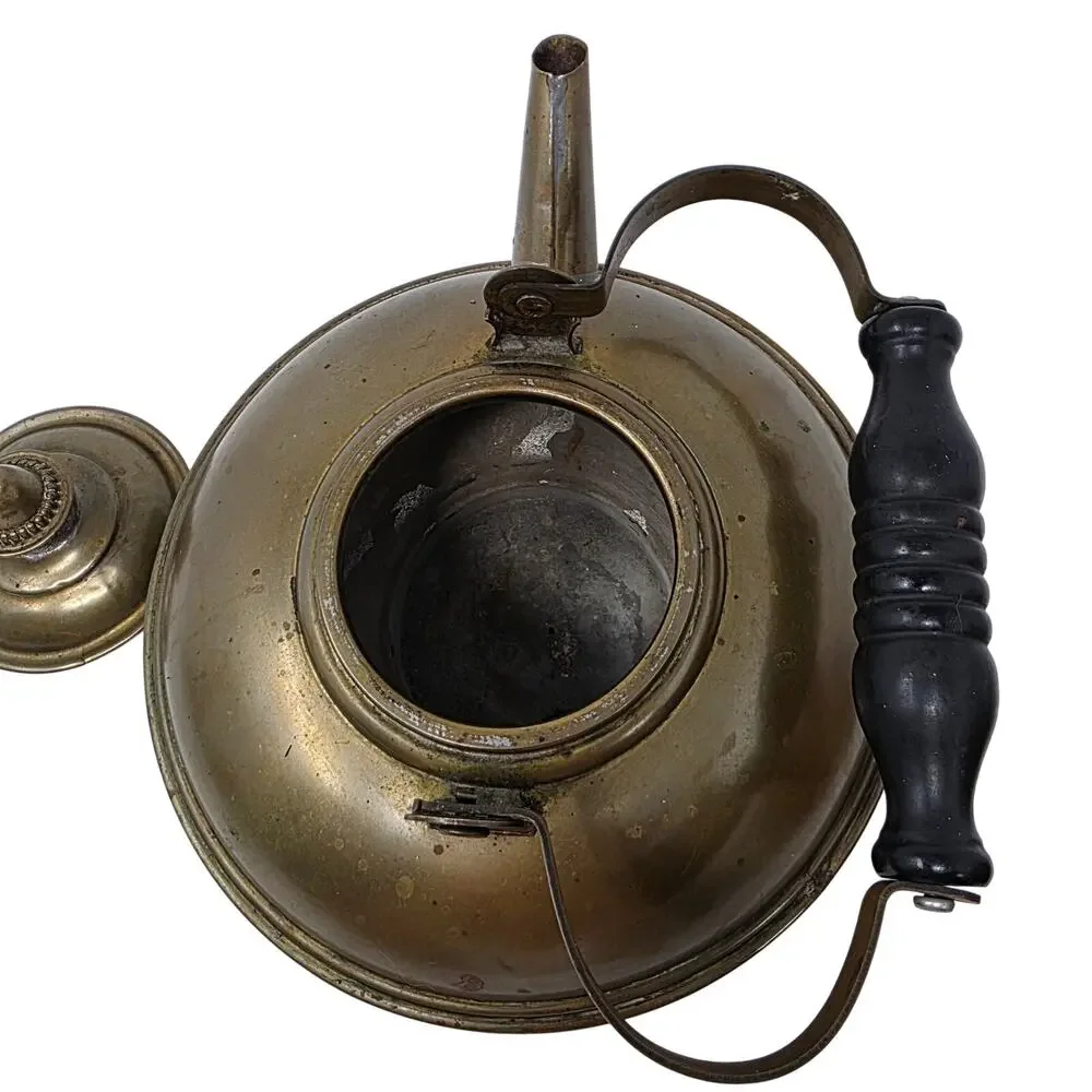 Vintage Brass Tea Kettle Wooden Handle Decorative Tin-Lined Small Teapot